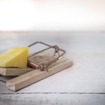 Close-up of a wooden mousetrap with a piece of cheese on a rustic table surface.