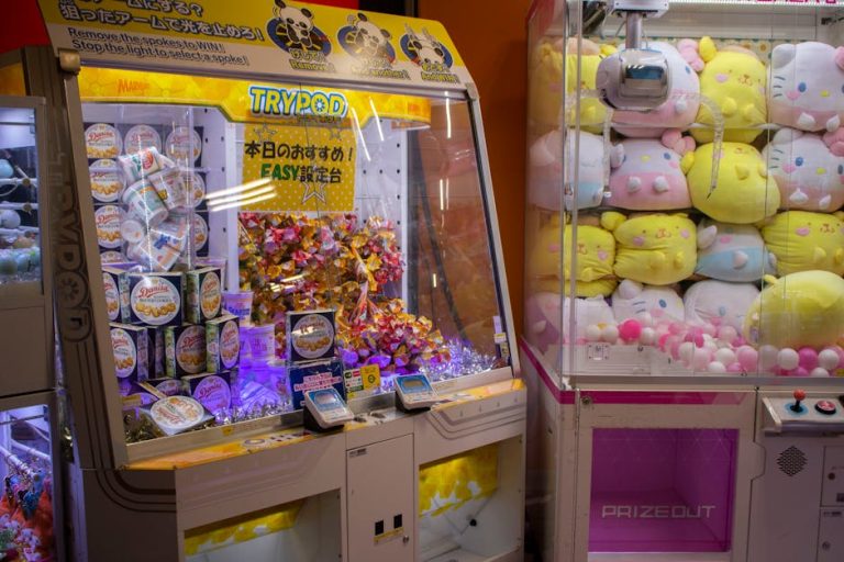 Vibrant arcade scene with candy and plush toy claw machines in Shibuya, Tokyo.