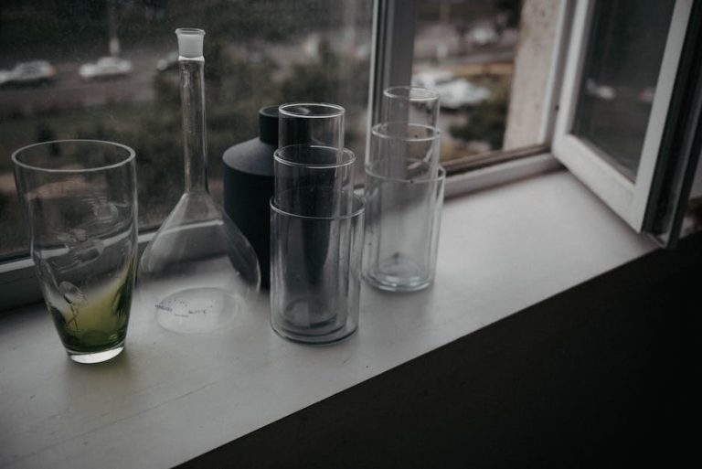 Group of glass vessels on a window sill with outdoor view.