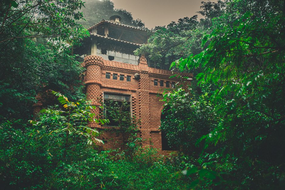 Ancient brick building enveloped by lush jungle greenery, exuding mystery and history.