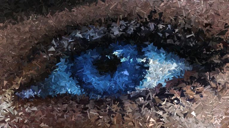 Abstract geometric mosaic design of an eye with rich blue and brown tones.