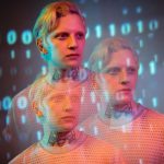 Creative portrait of a man with digital binary overlay, showcasing a modern artistic style.