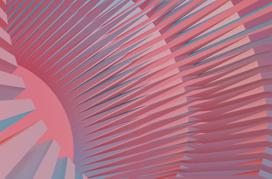 Creative abstract composition with pink and blue geometric shapes forming a radial pattern.