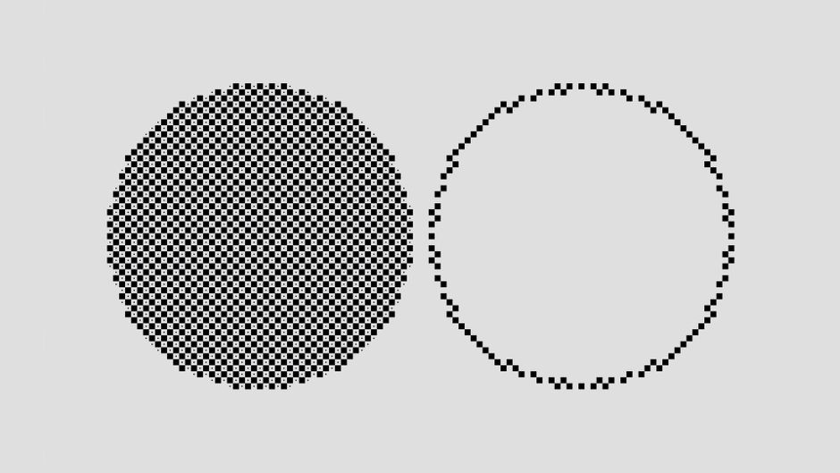 Minimalist black and white checkerboard circles on a plain background.