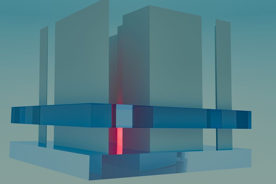 A 3D render of an abstract futuristic architectural structure with vibrant colors.