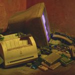 The Mirage of Technological Egalitarianism: Power & Strategy Old electronics pile with a vintage computer and printer in a basement setting.
