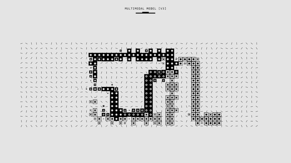 Abstract representation of a multimodal model with vectorized patterns and symbols in monochrome.