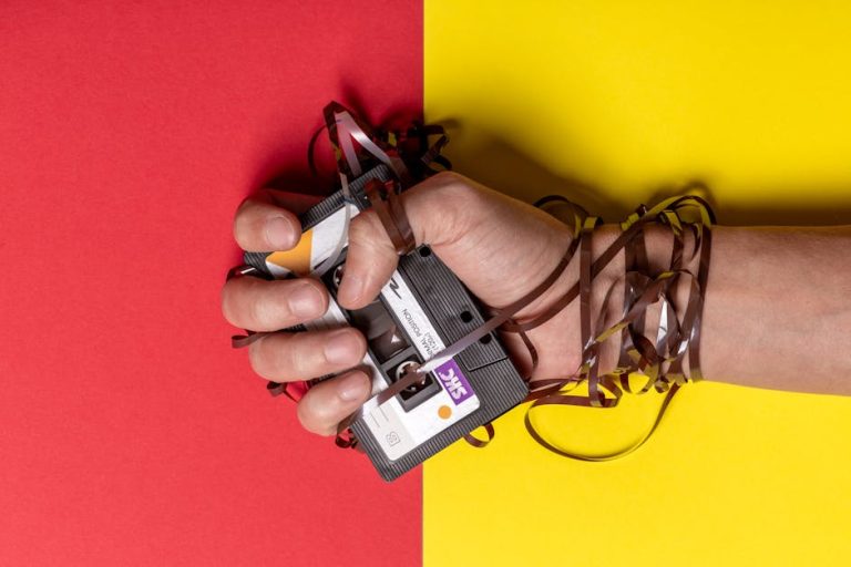 Hand holding tangled cassette tape on vibrant red and yellow background, representing nostalgia.