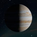 Stunning view of planet Jupiter with visible cloud bands and darkened hemisphere against a starry sky.
