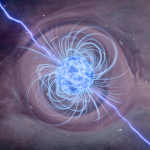 Artistic depiction of a neutron star surrounded by a glowing magnetic field.