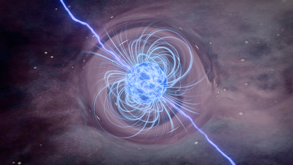Artistic depiction of a neutron star surrounded by a glowing magnetic field.