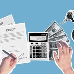 Top view of cutout paper composition of male signing credit paper while counting cash and apartment cost against blue background