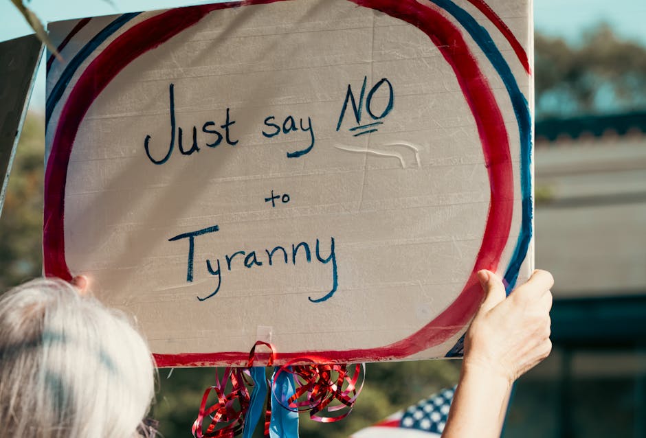 Protester holding a sign reading 'Just say NO to Tyranny'. Advocacy scene outdoors.