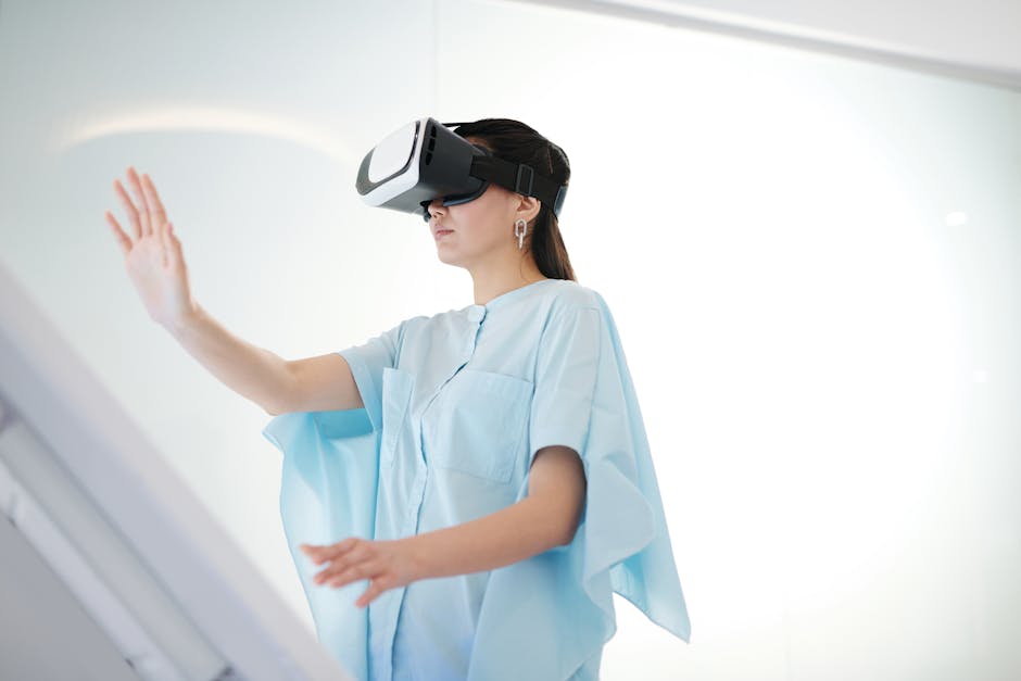 A woman wearing virtual reality goggles interacting with a digital interface inside a modern space.
