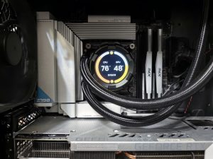Close-up view of advanced PC hardware with visible GPU and cooling system in detail.
