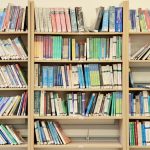Vibrant books neatly arranged on library shelves in Fès, Morocco.