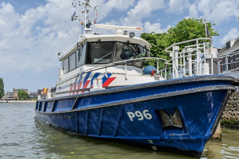 A close-up view of a P96 patrol boat moored by a riverbank under a clear sky.