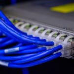 Detailed view of blue ethernet cables connected to a network switch in a data center.